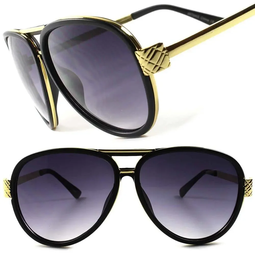 Gold Arm Black Retro Hip Hop Swag Large Oversized Pilot 80s 90s Sunglasses